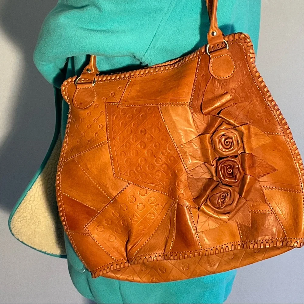 Handcrafted Patchwork Leather Tote Rose Appliqué Free People Anthro Festival - Picture 5 of 13